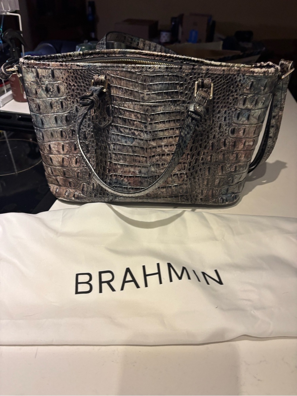 Brahmin Metallic Croc-Embossed Satchel - Silver Brown